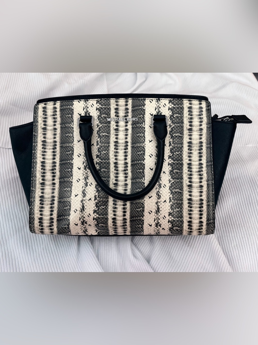 Michael Kors Black and Cream Reptile-Print  Hand Bag